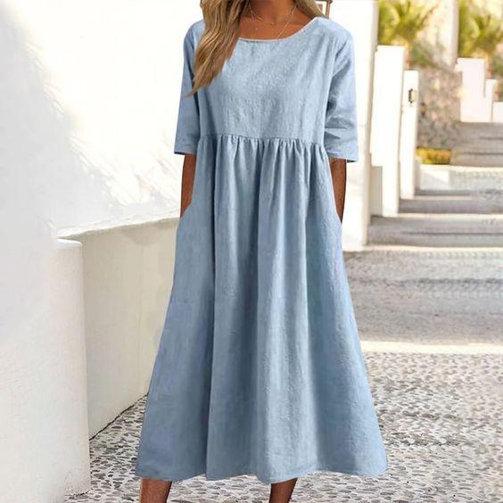 2026 Women's Summer Cotton Linen Loose Midi Dress - Casual Short Sleeve Round Neck Flowy Beach Vacation Dress with Pockets, Plus Size Vintage Style Party Wear