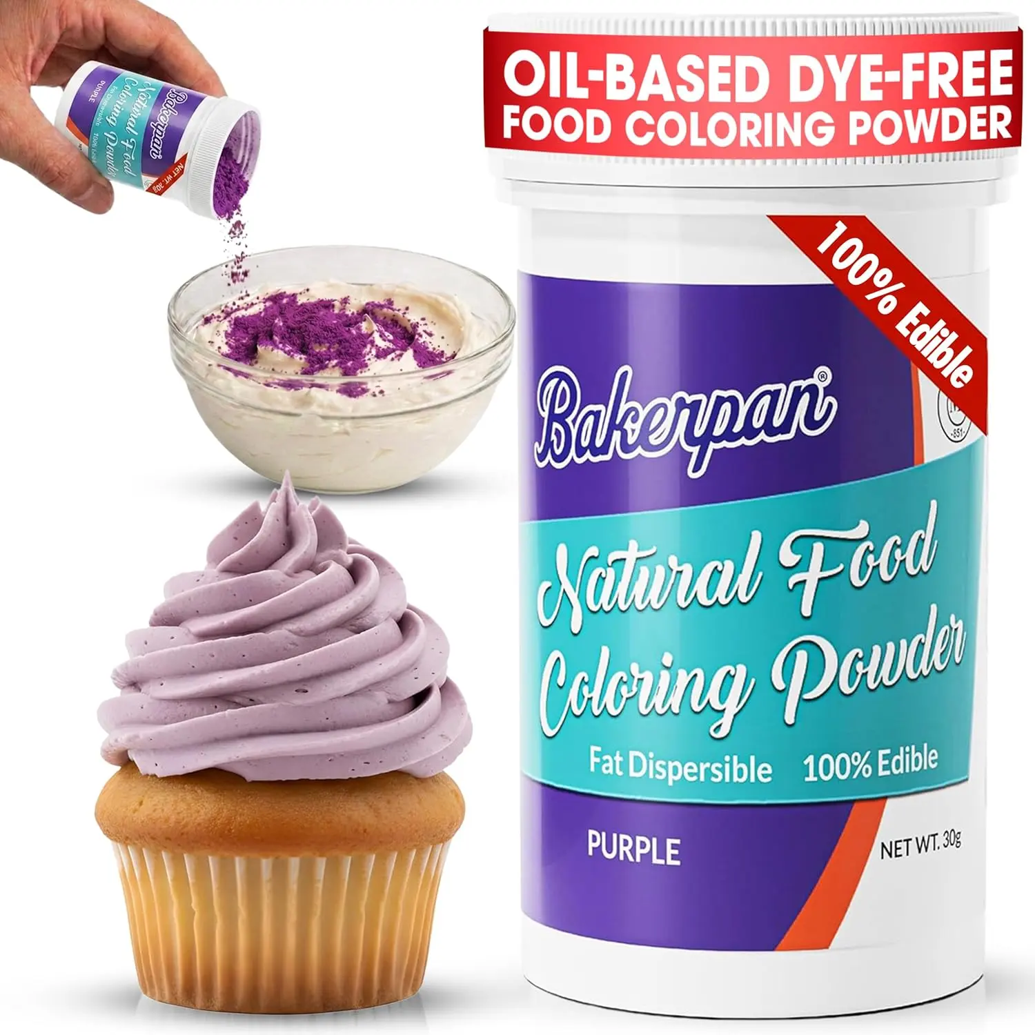 Bakerpan 2 Pack Purple Food Coloring Powder for Baking - 30g Oil Based, Artificial Dye-Free, Plant-Based, Kosher, Gluten-Free - For Buttercream, Chocolate, Candy & Cakes