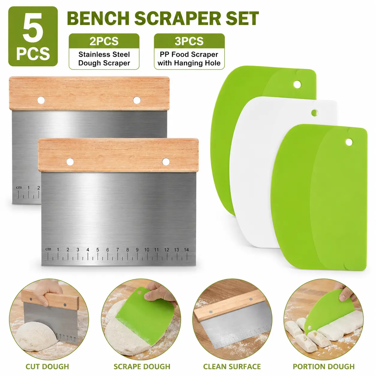 5 Pcs Bench Scraper, Bench Scraper Kitchen 2 Pcs Stainless Steel Dough Scraper with Wood Handle and 3 Pcs PP Food Scraper with Hanging Hole, Multipurpose Bread Dough Cutter for Baking-Green