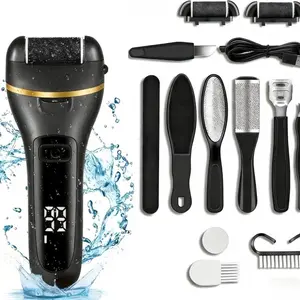 Electric Foot Exfoliating Tool Set, Rechargeable Nail Care Tool with 3 Roller Heads, 2 Speeds, Battery Display