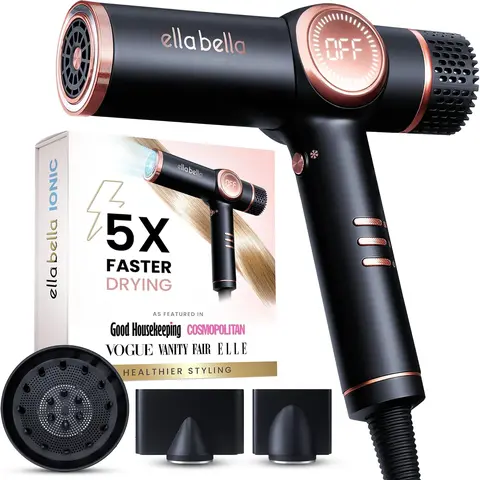 Ella Bella Ionic Hair Dryer Black Corded Electric Lightweight Ionic Technology Fast Drying for All Hair Types with Three Magnetic Nozzles