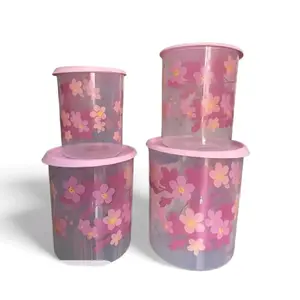 Cherry Blossom Translucent One Touch Canister Set with Pink Floral Design for Storage