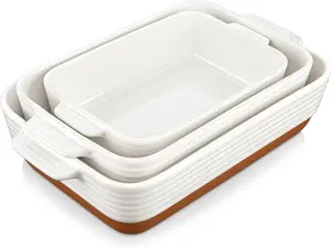 Casserole Dishes for Oven, Ceramic Baking Dishes Set of 3, Baking Pan Casserole Dish Set, Rectangular  Pan Deep with Handles for Baking, Khaki White