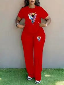 Women's Plus Size Spring Summer Fashion Floral Print Round Neck Short Sleeve T-Shirt & Wide Leg Pants Two-Piece Set