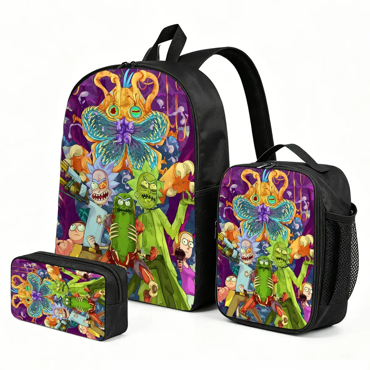 Rick-and-Morty Graphic Elementary School Backpack Set, 3pcs Heavy-Capacity Kid-Friendly Lightweight Daypack with Matching Lunch Pouch & Stationery Bag (1 size), One Size, No Wheels