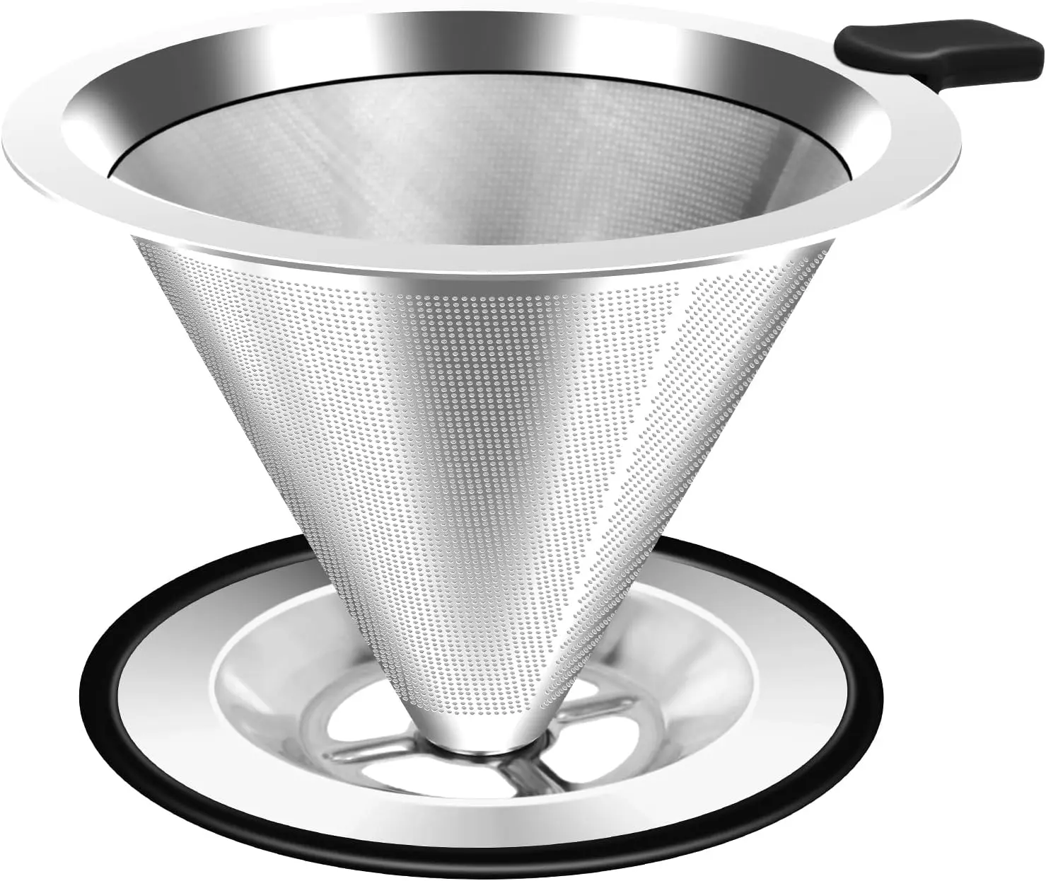 Pour Over Coffee Dripper, Stainless Steel Coffee Filter, Paperless Reusable Coffee Filter, Double Micromesh 600 Mesh Strainer Coffee Maker with Heat-Resistant Silicone Handle & Base for 1-2 Cup