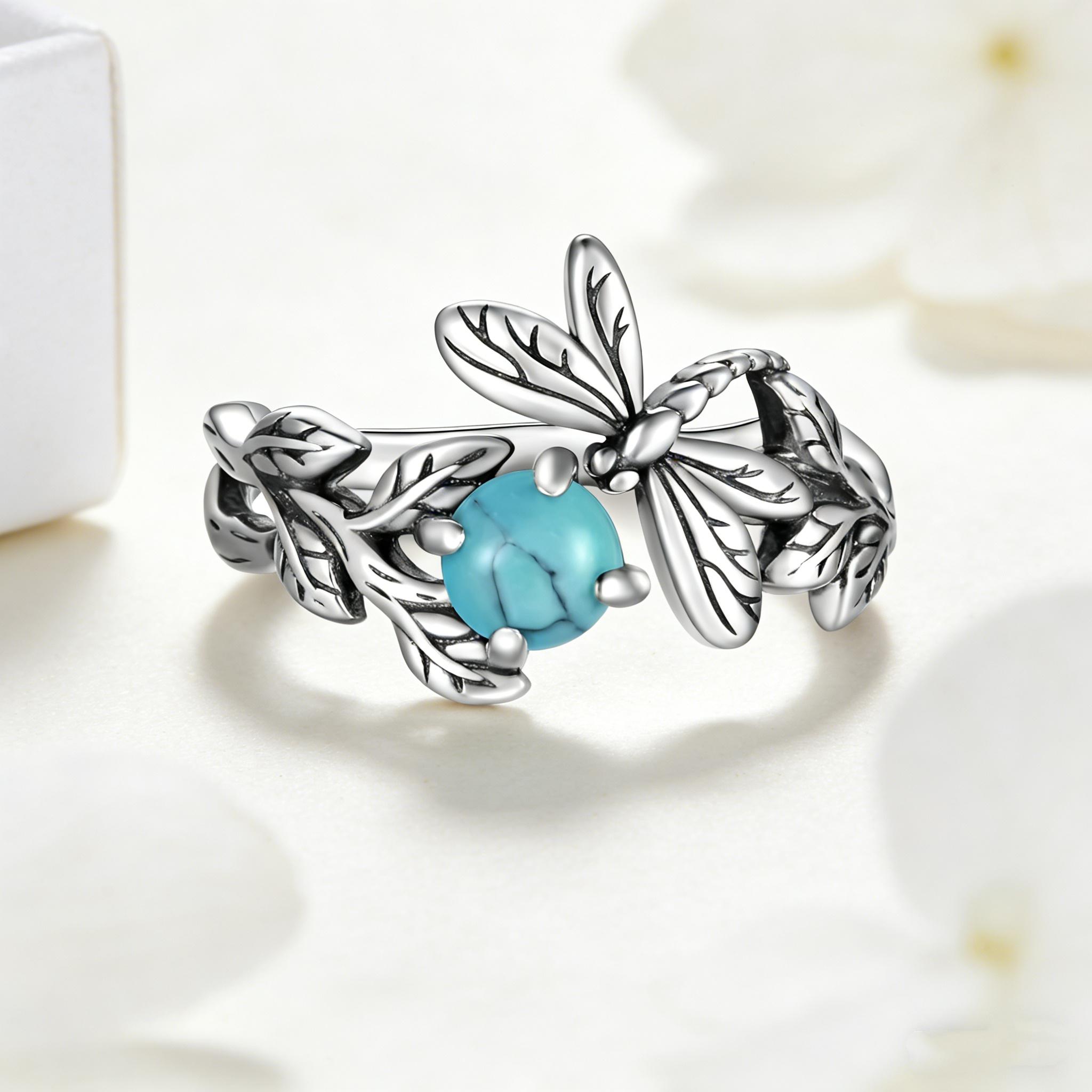 HXS 925 Sterling Silver Dragonfly Ring with Turquoise, Timeless Boho Jewelry