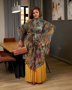 Mia Set Mustard - Vibrant Print Kaftan Top & Elastic Waist Wide-Leg Pants Set for Weddings & Brunch