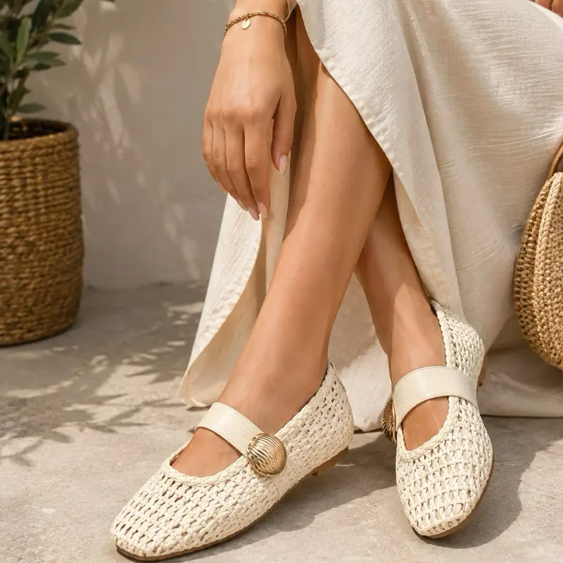 Woven flats sleek closed-toe silhouette with adjustable strap