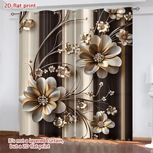2D Flat - 2D Flat - Two Items, Flat 2D Prints, Semi-Opaque And Semi-Transparent Perforated Drapes, Luxurious Golden Floral Curtains. Suitable for Home Decor in Bedrooms, Living Areas, Kitchens, Cafes, And Study Spaces