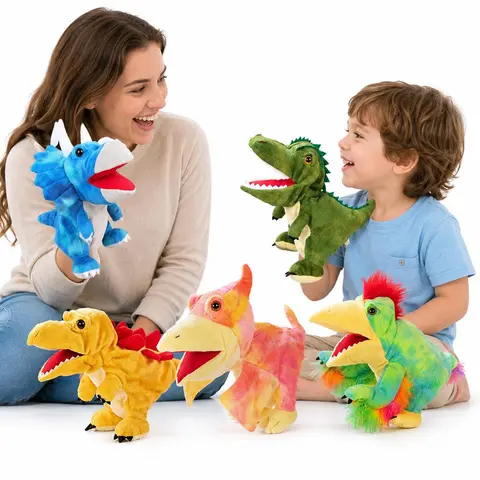 Plush Fabric Dinosaur Hand Puppets - 5 Fun Styles (Triceratops, Tyrannosaurus Rex, Stegosaurus) with Manual Movement, Comfortable to Touch, Unisex for Toddlers Preschool+, Ideal for Classroom Teaching & Bedtime Storytelling