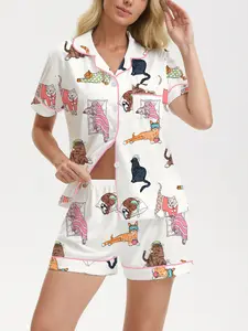 Women's Sleepwear Loungewear Set, Cat Print Short Sleeve Button-Up Top & Elastic Shorts, Casual Fitted Pajamas Pjs for All Seasons