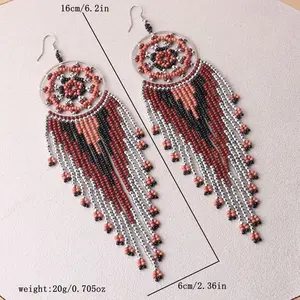 Bohemian-style dreamcatcher disc-shaped handmade glass bead tassel earrings, suitable for teenagers - Long ethnic-style tassel jewelry, beaded earrings, handmade earrings for teenagers, teenager jewelry, teenager earrings, unique jewelry, unique earrings