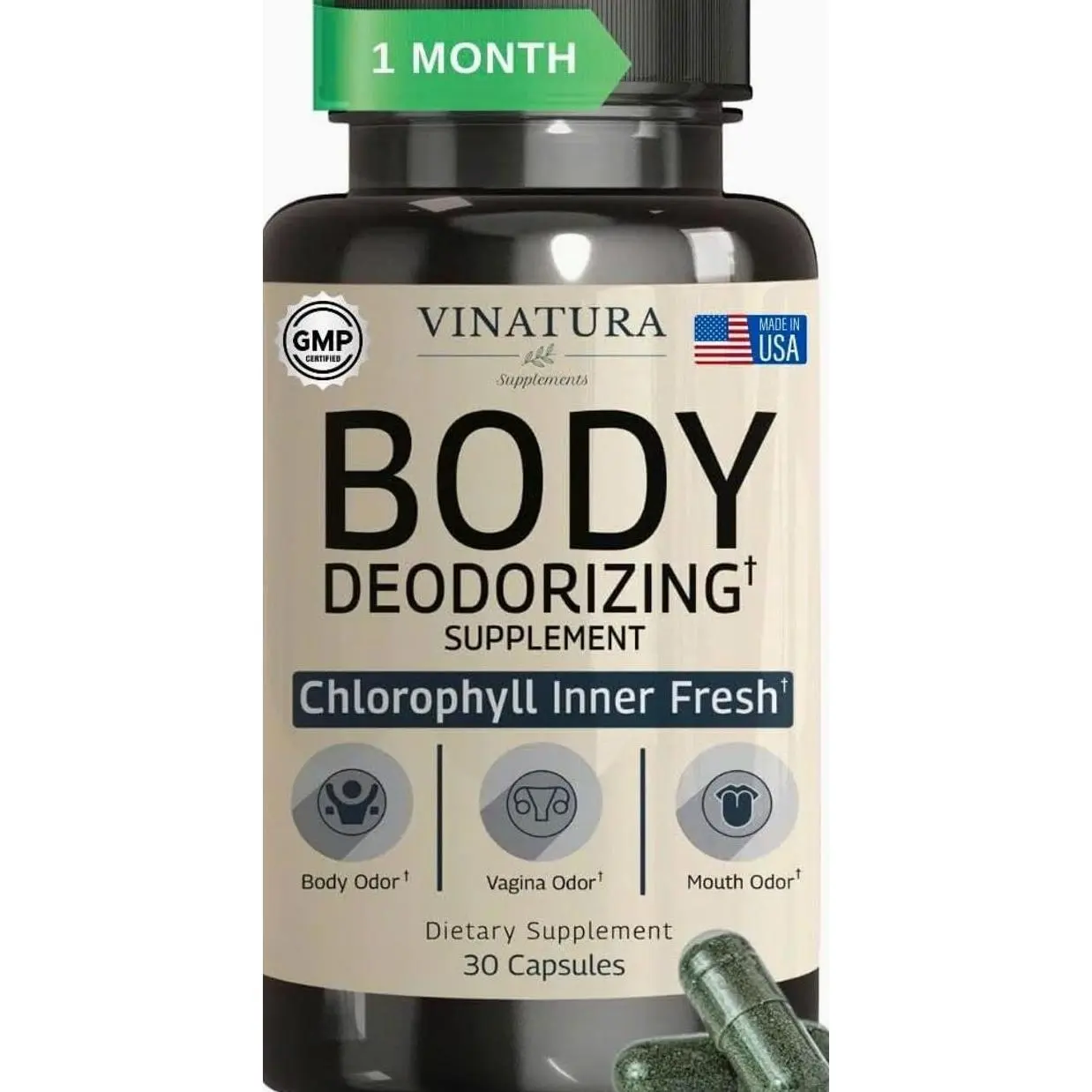 VINATURA Body Deodorizing Supplement for Women - Magic Chlorophyll Pills for Body Odor Eliminator, it Works for Her Internal Deodorant, 30 Capsules
