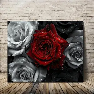 Water-Resistant Red and White Rose Dew Framed Canvas Wall Art Print for Living Room, Bedroom, Home Office Decor, Unique Bachelor Party Decoration and Gift Idea-Wrapped Canvas Poster Photo Ornaments Artistic