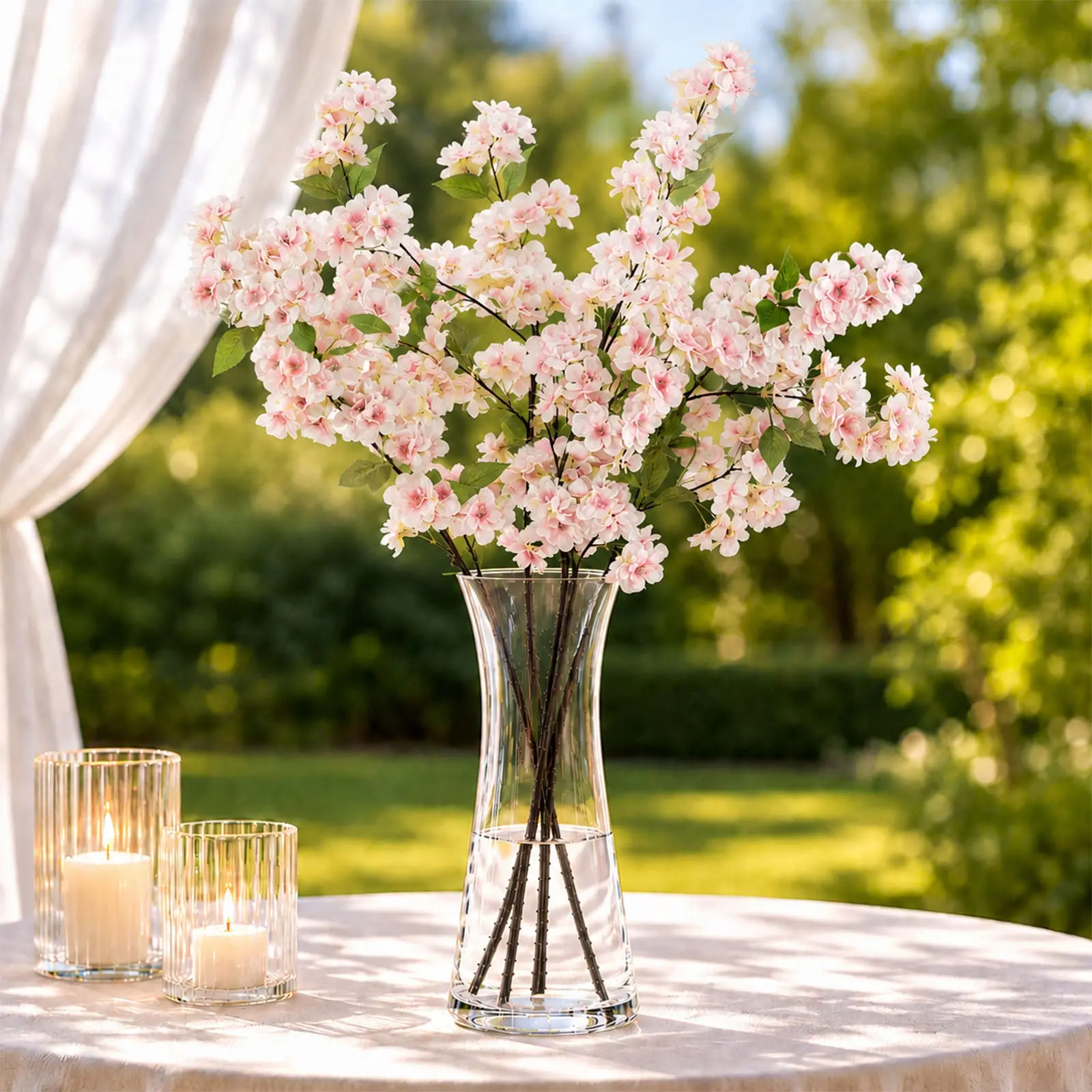 4 Stems Artificial Silk Cherry Blossom Flower Branches Blush – 40" Tall