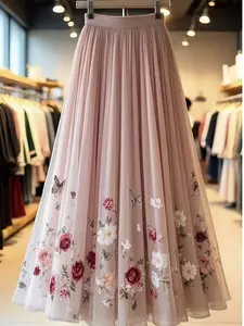 Elegant Rose Print Mesh Half Body Skirt, Long Floral Pattern Dress, Women's Fashion Clothing, Perfect for Parties & Special Occasions