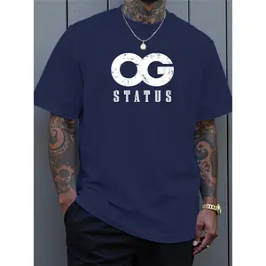 Men's 'OG Status' Graphic Menswear Top - Bold White OG Lettering, Round Neck, Shortsleeve, Stretch, Comfortable Fit, Machine Washable, Casual Summer Streetwear for Gym, Lounge (Plus Size)