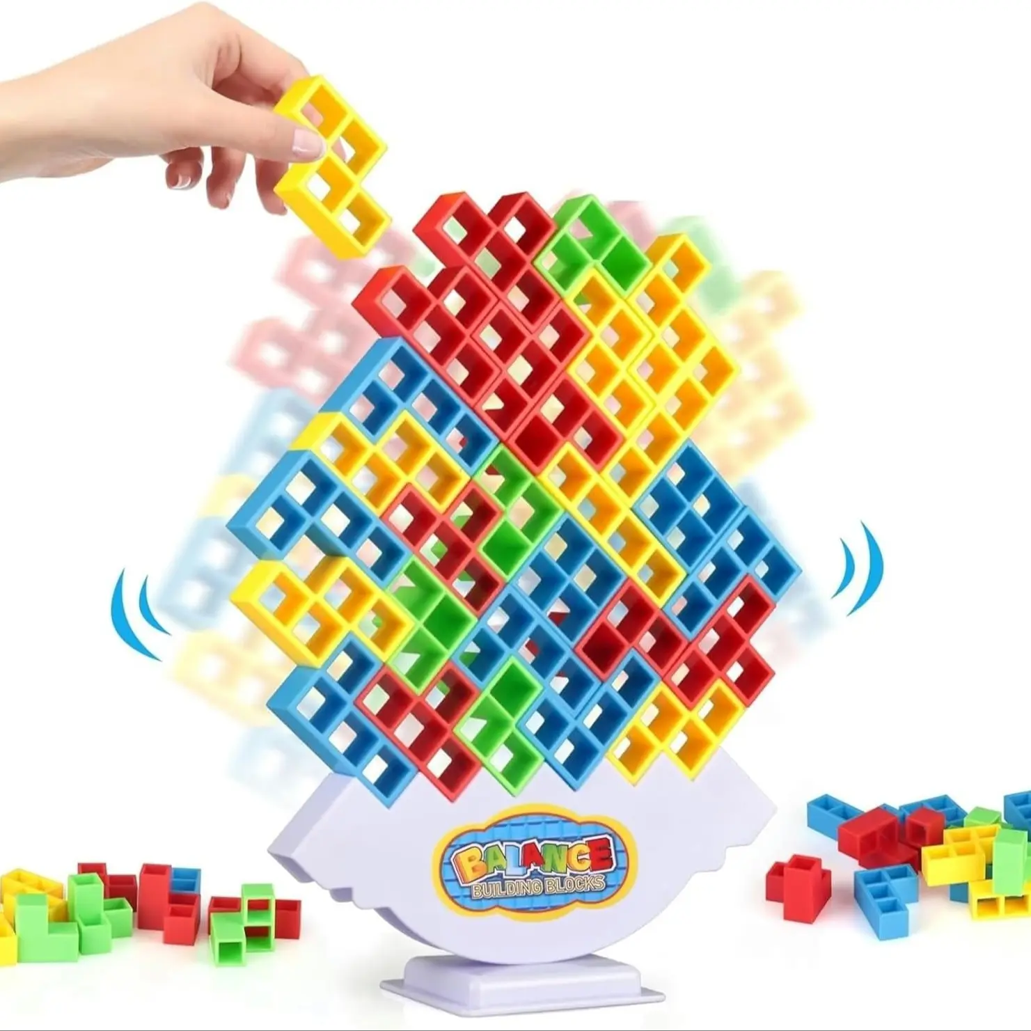 64 Pcs Stacking Tower Game with 22 Cards, Giant Tumble Balance Game for Kids, Family Games, Family Fun Game, Easter Gifts, Party Board Game for Ages 6-12 & Adults, Building Blocks, Stacker