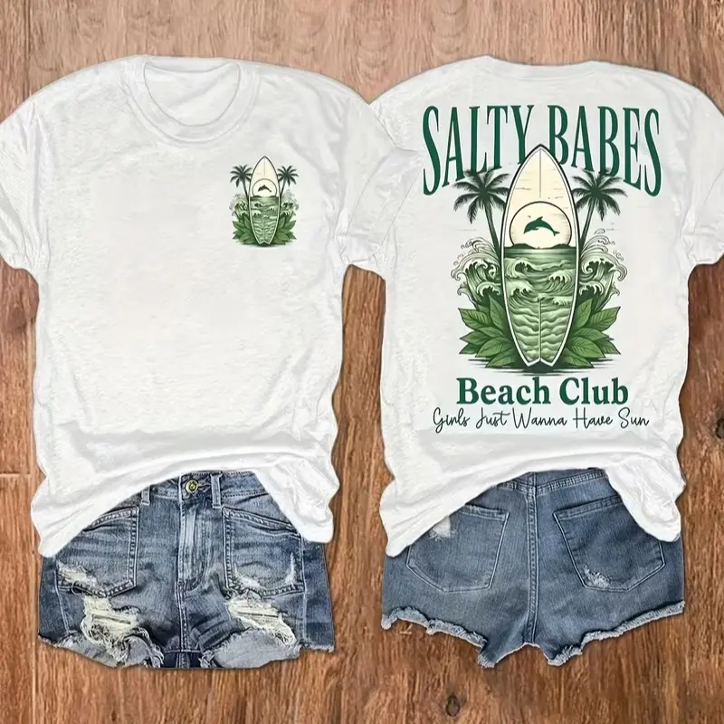 Salty Babes Beach Club Surf Palm Wave Ocean Dual Print T-Shirt, Womens Summer Beach Vacation Casual Tee, 100% Cotton Printed Craft SummerVibes Top, Relaxed Soft Breathable womens summer clothing