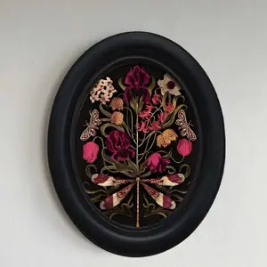 Bohemian Vintage Floral Wooden Frame Wall Decor, 3D Hand-Printed Artistic Oval Decoration, 4.16x5.25 Inch Realistic Wood Frame, Home Office Halloween New Year