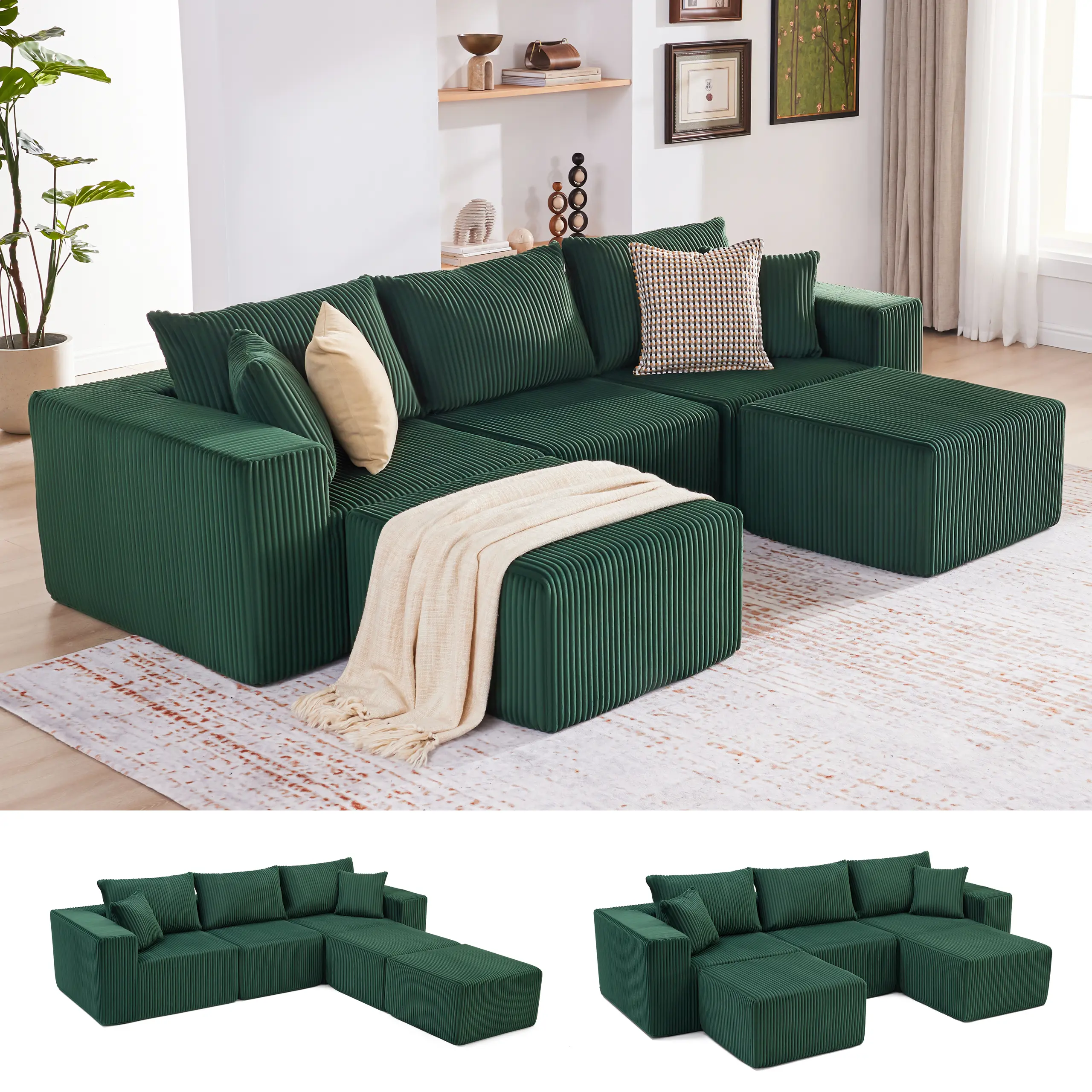 Green-3Seats+2 Ottomans