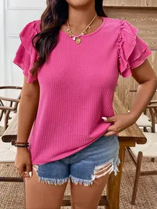 Plus Size Women's Ruffle Round Neck T-Shirt, Casual Loose Fit Top, Comfortable Summer Wear, Fashionable Daily