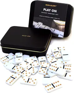 Iron & Glory Travel Dominoes Set - Dominoes Set for Adults - Travel Games - Play On Domino Game - Board Games - Mini Size Domino Deluxe Tin Case