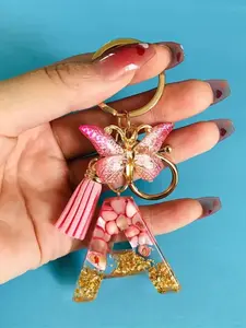 Butterfly Letter Keychain Accessories Resin Alphabet Shape Pendant with Tassel Bag Decoration, Cute Car Hanging Charm Gift for Women Girls