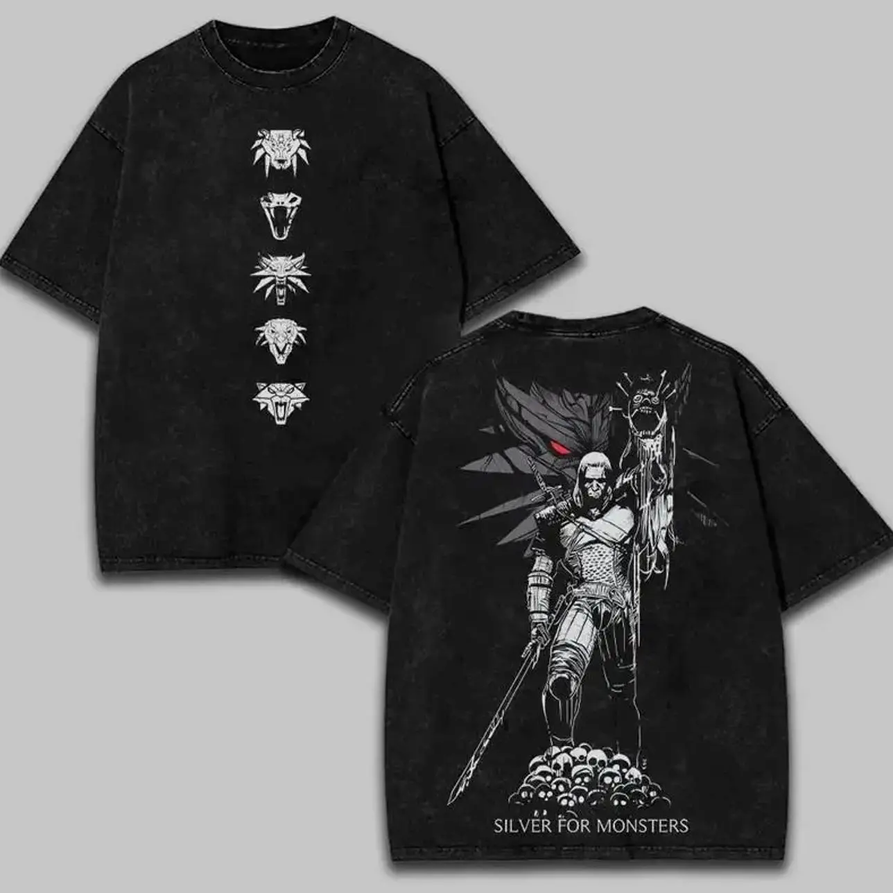 Men's Vintage "Silver for Monsters" The Witcher Graphic T-Shirt - Short-Sleeve Crew Neck Cotton Fitted Distressed All-Seasons Casual Streetwear Top ITG