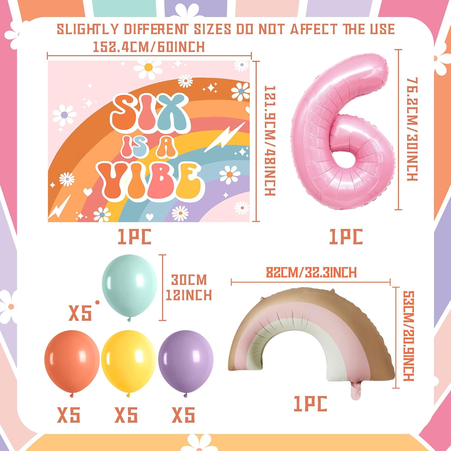 LaVenty Six Is A Vibe Birthday Party Decorations Balloon Rainbow Daisy Balloons Vintage Groovy 6th Birthday Decorations Hippie Retro 6 Years Old Birthday Decoration