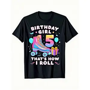 ' 5th Birthday Roller Skates Print T-Shirt - 100% Cotton Round Neck Short Sleeve Top with Roller Skate & Number 5 Design for 5 Year, Casual Birthday Party Outfit for Skating or Casual Attire  (3-13Y)