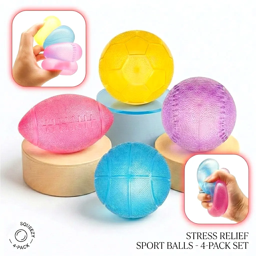 NNC1 Viral Fidget Toys for Kids & Adults — 4-Pack Malt Sugar Squishy Slow-Rise Gel Balls, Sports Ball,Football Basketball Baseball Rugby. Stretchy Squeeze Stress Relief & Anxiety Therapy Classroom Toys, Sensory ASMR Satisfying Stress Balls Party Favors