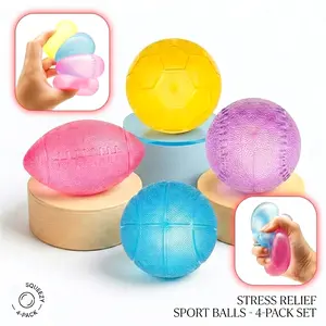 NNC1 Viral Fidget Toys for Kids & Adults — 4-Pack Malt Sugar Squishy Slow-Rise Gel Balls, Sports Ball,Football Basketball Baseball Rugby. Stretchy Squeeze Stress Relief & Anxiety Therapy Classroom Toys, Sensory ASMR Satisfying Stress Balls Party Favors