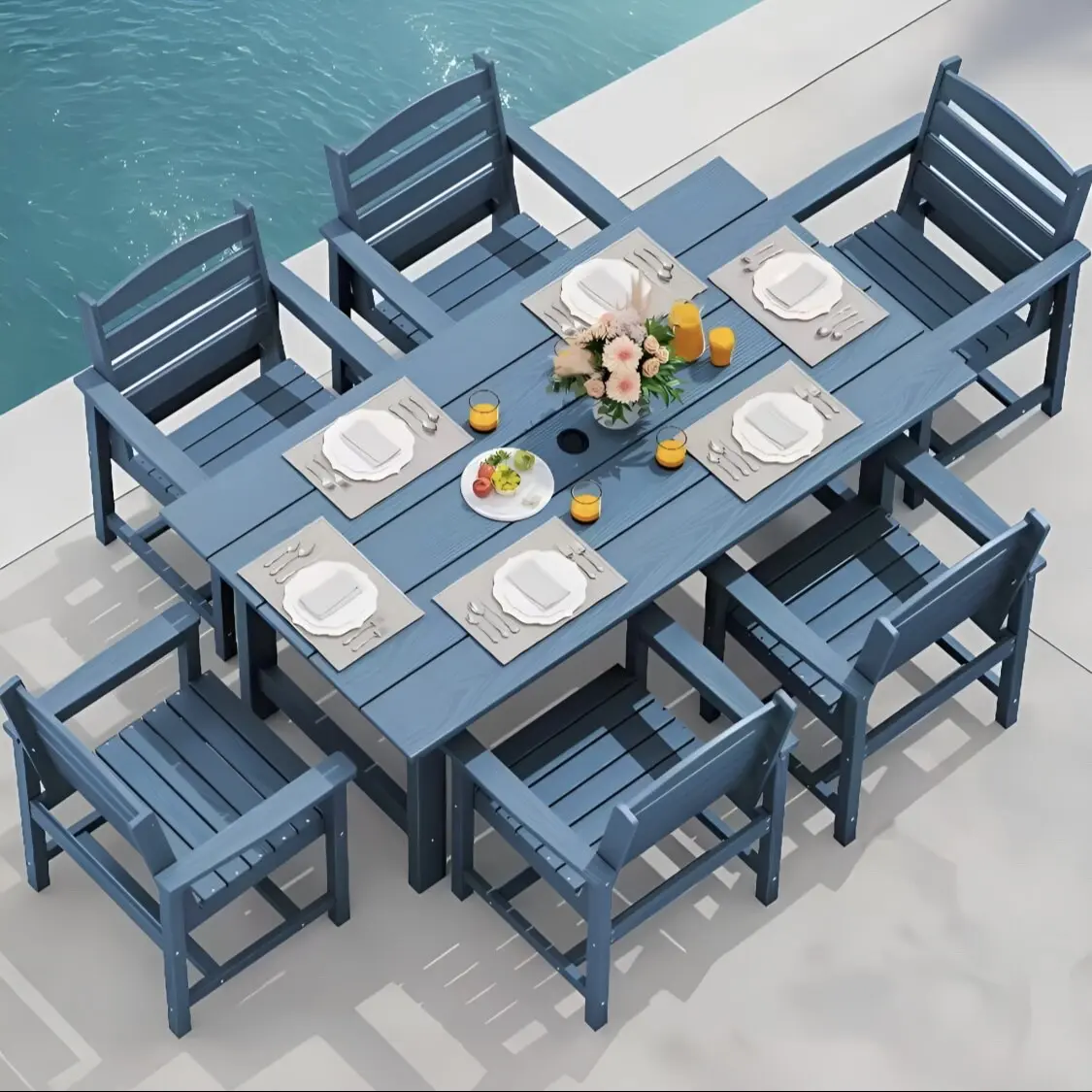 7-Piece (1 Table + 6 Chairs), Blue