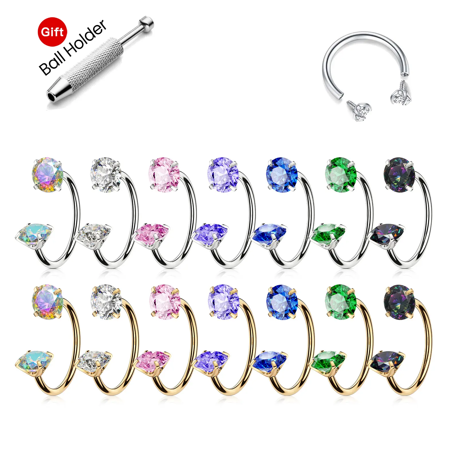 20G/18G Titanium Horseshoe Nose Ring(Tool Included)- Internally Threaded, 5A Multicolor CZ Gems, Hypoallergenic