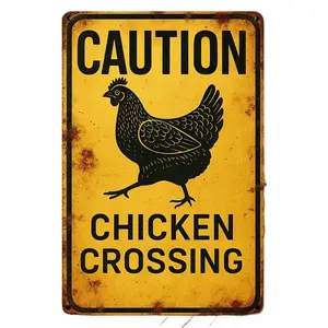 2D flat design, single-pack metal art sign printed with "CAUTION CHICKENS CROSSING", a fun wall decor suitable for outdoors, living rooms, bedrooms, cafes, restaurants, stores, garages, kitchens, gyms, boxing clubs and health spas; Size: 12×8 inches
