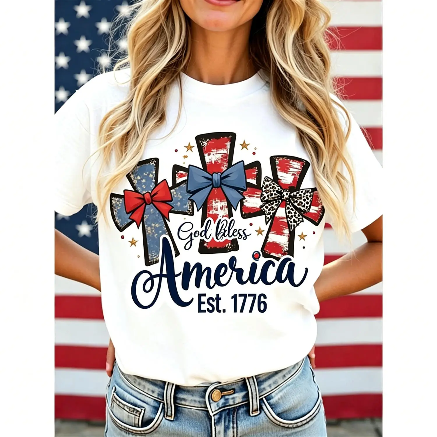 Americana Motif T-Shirt, 250th US Independence Day God Bless America Graphic Print, Shortsleeve Crew Neck in Breathable Fabric