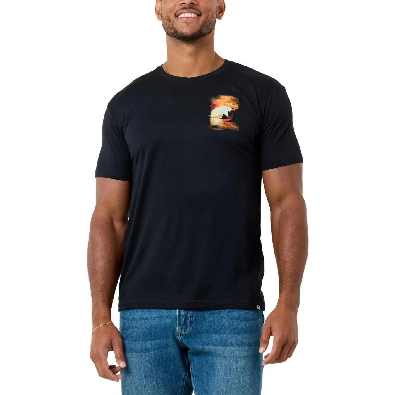 100% Cotton Sunset Ocean Scenery Pocket Print Casual T-Shirt 100% Cotton