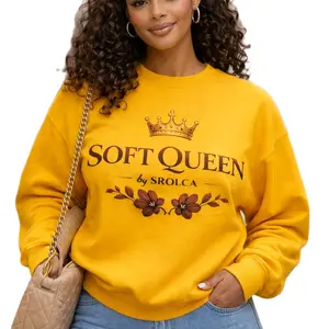 SROLCA Soft Queen Sweatshirt for Women - Yellow Long Sleeve Crewneck with Crown & Floral Design - Comfortable & Stylish
