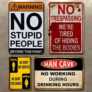 4Pcs Retro Metal Warning Signs, 20x30cm Rectangular Rustic Textured Iron Artwork, Water-Resistant Hanging Wall/Door Plaques, Christmas Home Decor Gift