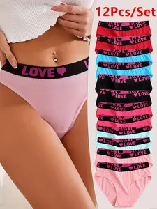 12-piece women's breathable, comfortable and elastic underwear, solid color underwear, silky texture fabric, comfortable and close-fitting, women's underwear