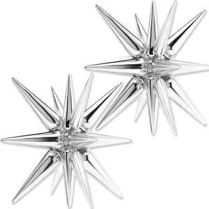 PartyWoo 2pcs 42-Inch Large Metallic Silver Aluminium Star Foil Spike Explosion Mylar Balloons, for Wedding, Birthday Party Decorations