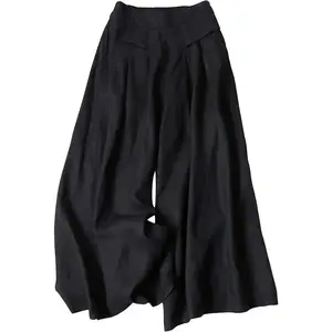 Women's Culottes Linen Cropped Wide Leg Pants Elastic Waist Casual Palazzo Trousers with Pockets