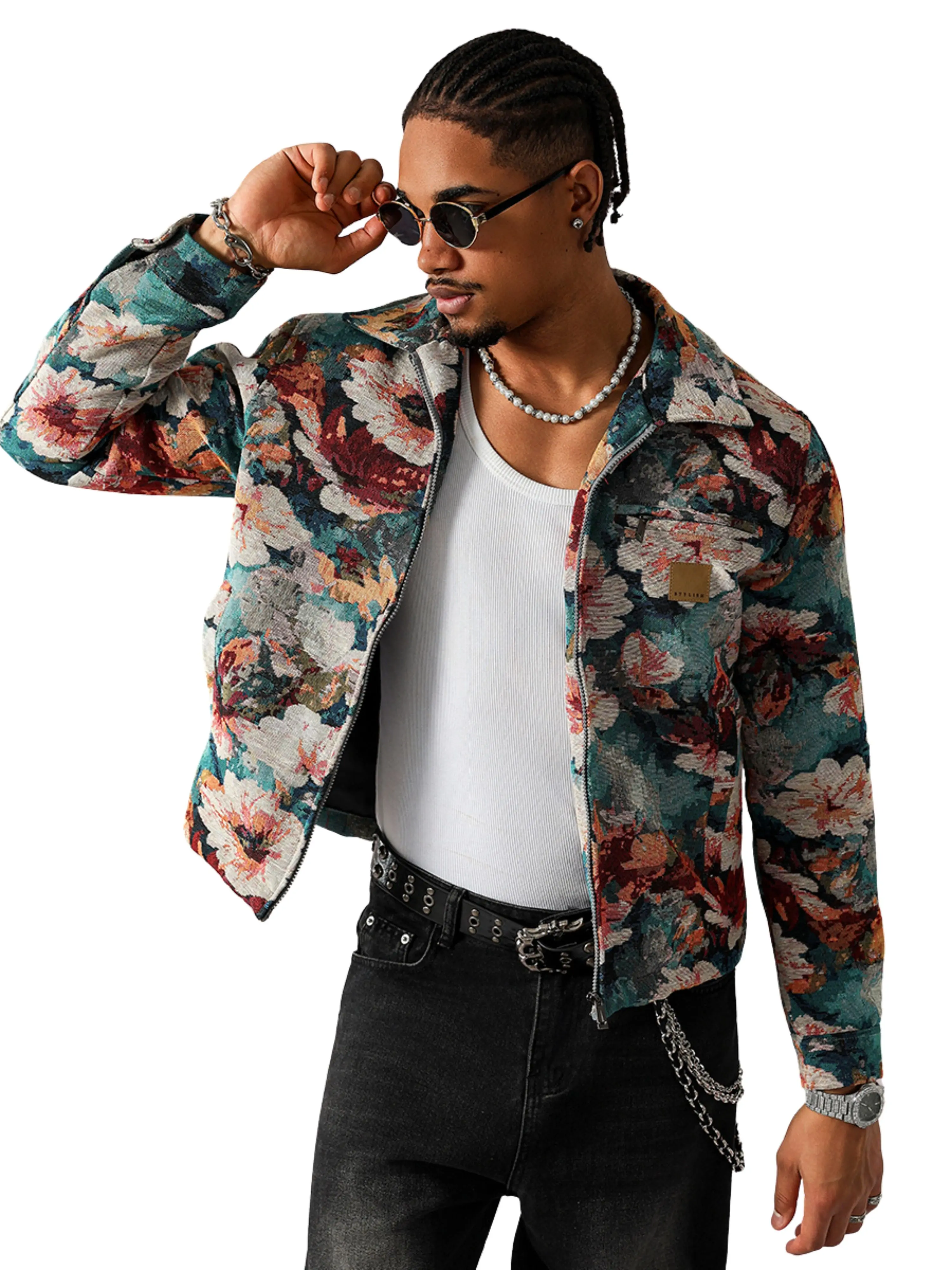 Men's Floral Bomber Coats, Lightweight & Fitted Full-Zip Polyester Streetwear Jacket for Casual Outfits, Fitted Cut, Vibrant Print