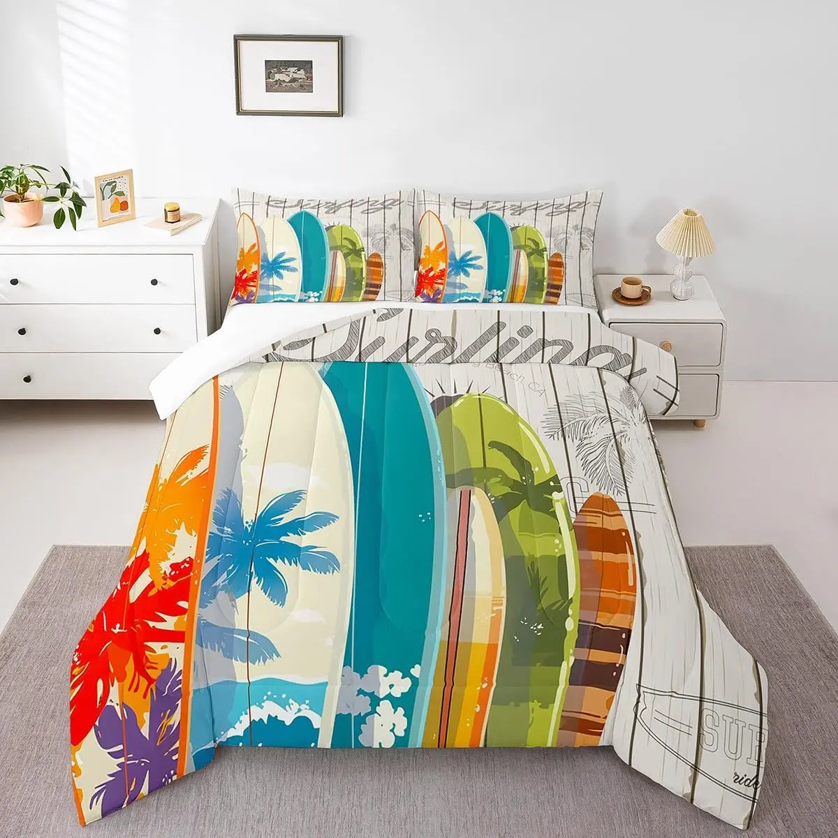 Surfing Comforter Set,Vintage Style Surfboards Bedding Set Room Decor,Tropical Palm Trees Quilt Set Soft Polyester Duvet Set