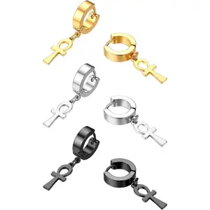 Ankh Cross Earrings for Men Women, Stainless Steel Egyptian Symbol Stud Dangle Hinged Piercing Hoop Earrings Secure Earhooks Goth Fashion Accessory Christmas Gold