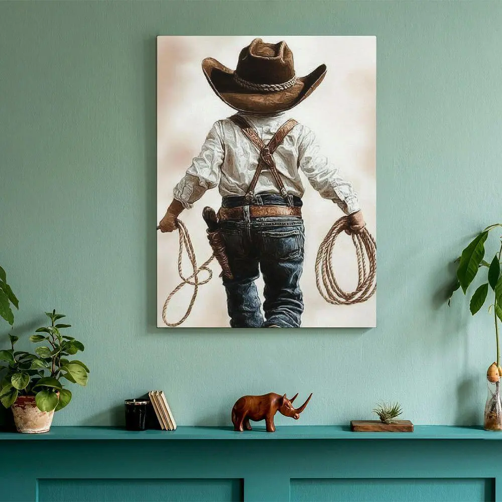 Vintage Western Pine Wood-Framed Denim Canvas Wall Artwork - 16x24 in HD Warm Bright Colors Poster, Country Boy in Jeans & Hat, Home Supplies Home Decor for Father's Day, Thanksgiving, Christmas, Valentines Day, Decorative