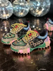 Blingbling Full Diamond Dad Shoes for Women, Colorblock Durian Sole Thick Heel Height Increase, Trendy Water Drill Casual Sneaker Shoes