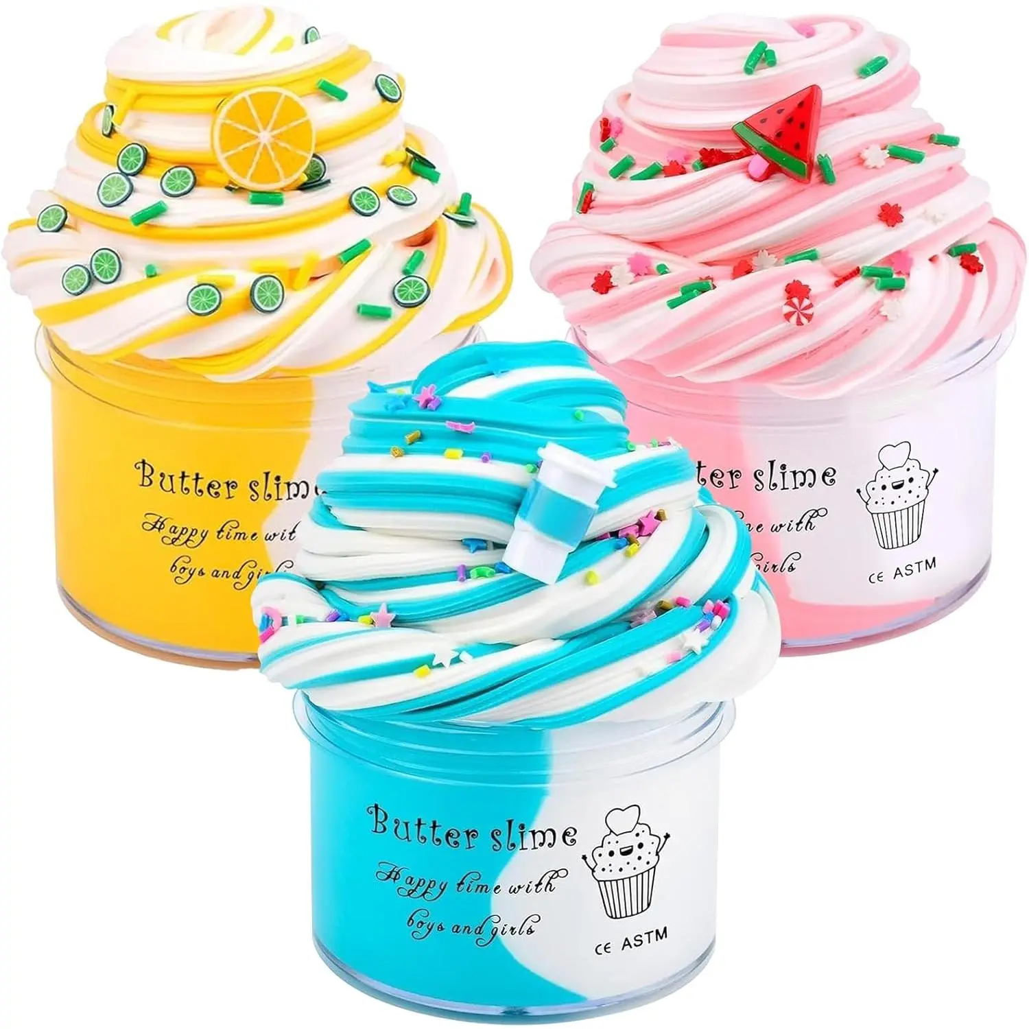 3-Pack Eco-Friendly Butter Slime Kit with Watermelon, Latte, Lemon Charms & Decorations, Unisex Stress Relief Toy, Cute Scented Aesthetic Preppy Item, Girl-Friendly Kids’ Birthday Gift, 3 Pack-3